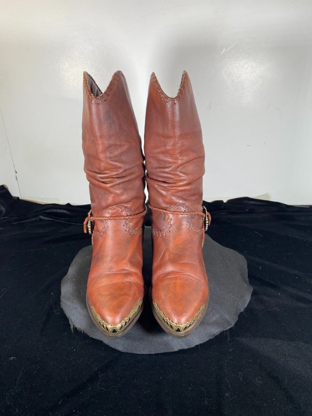 Vintage 80s Women's Zodiac Leather Slouch Cowboy Boots Brown Harness Concho 8M